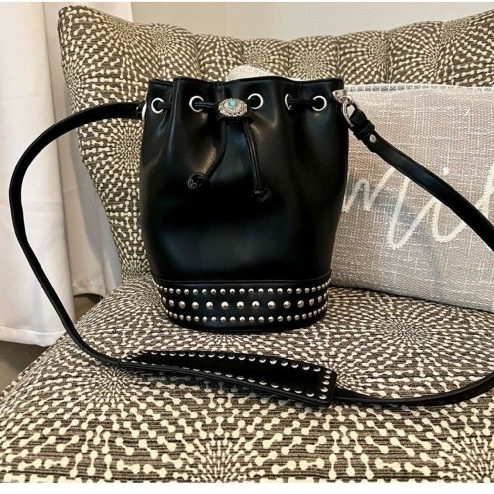 Sacred Heart Black Studded Drawstring Bucket Bag with Silver Hardware, boho